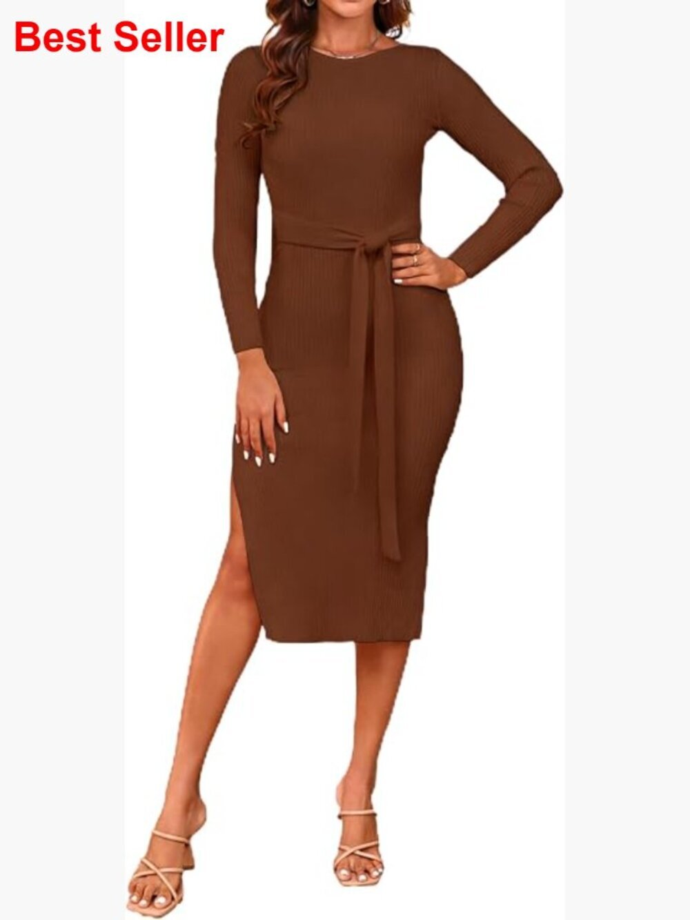 Ribbed Knit Bodycon Midi Sweater Dress with Tie Waist